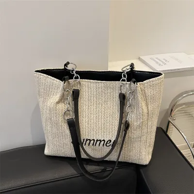 Women Fashion Casual Straw Letter Large Capacity Vacation Straw Shoulder Bag with Zipper