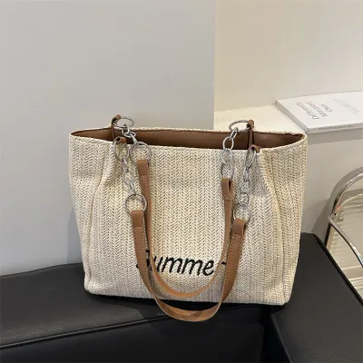 Women Fashion Casual Straw Letter Large Capacity Vacation Straw Shoulder Bag with Zipper