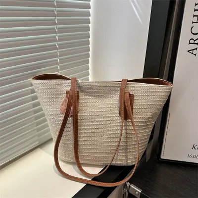 Women Fashion Casual Large Capacity Woven Straw Bucket Vacation Shoulder Tote Bags