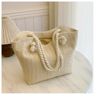 Women Fashion Casual Solid Color Straw Weaving Bucket Shoulder Bags Large Capacity for Vacation