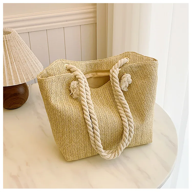 Women Fashion Casual Solid Color Straw Weaving Bucket Shoulder Bags Large Capacity for Vacation