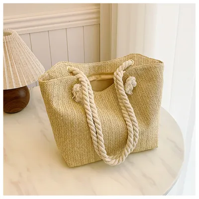 Women Fashion Casual Solid Color Straw Weaving Bucket Shoulder Bags Large Capacity for Vacation