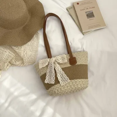 Women Fashion Casual Straw Weaving Bucket Shoulder Bags for Vacation
