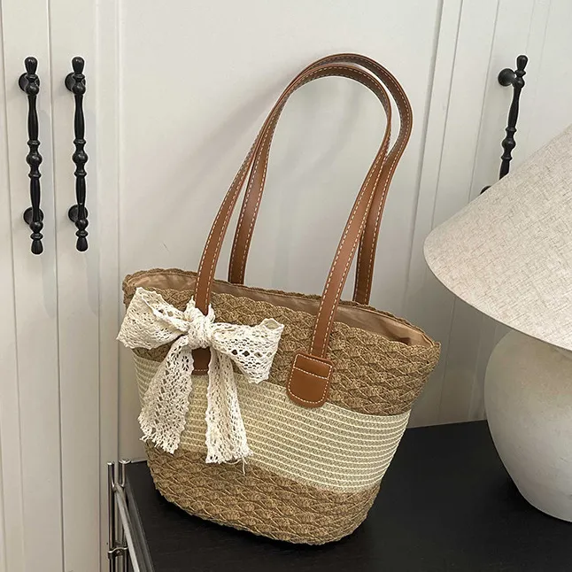 Women Fashion Casual Straw Weaving Bucket Shoulder Bags for Vacation