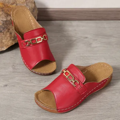 Women's Fashion Retro Peep-Toe Metal Buckle Wedge Platform Beach Slippers