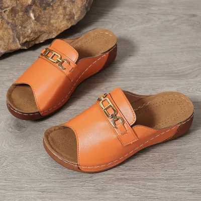 Women's Fashion Retro Peep-Toe Metal Buckle Wedge Platform Beach Slippers