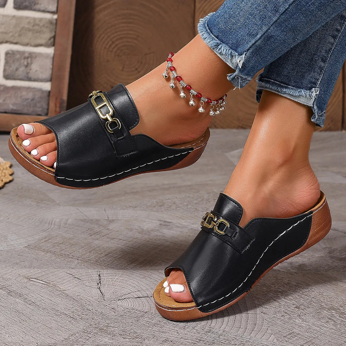 Women's Fashion Retro Peep-Toe Metal Buckle Wedge Platform Beach Slippers