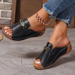 Women's Fashion Retro Peep-Toe Metal Buckle Wedge Platform Beach Slippers