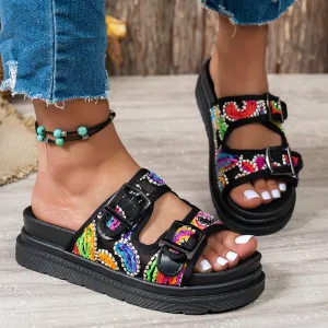 Women Fashion Casual Stitching Double Strap Belt Buckle Platform Beach Slippers