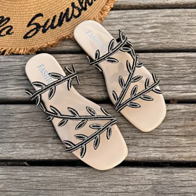 Women's Fashion Summer Rhinestone Square-Toe Flat Beach Slippers Plus Size
