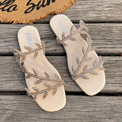 Women's Fashion Summer Rhinestone Square-Toe Flat Beach Slippers Plus Size