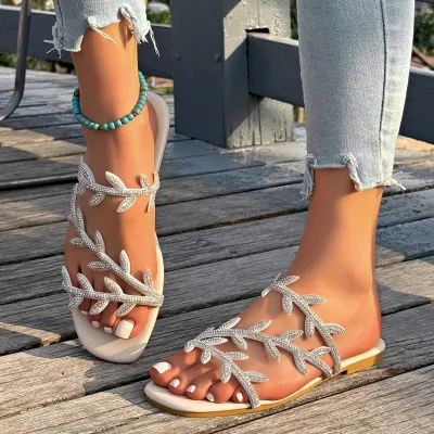Woemn Fashion Casual Summer Rhinestone Square-Toe Flat Beach Slippers