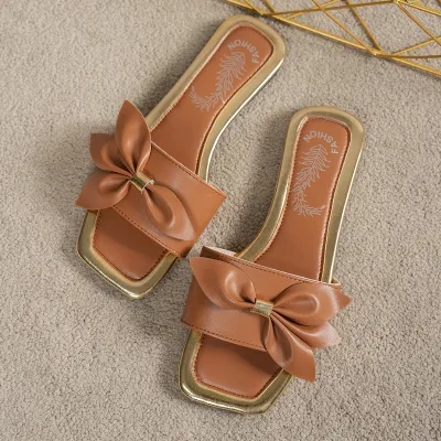Women Fashion Casual Solid Color Square-Toe Knot Flat PU Beach Slippers Plus Size