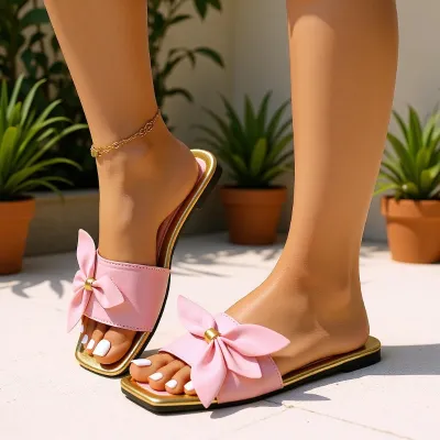 Women Fashion Casual Printed Square-Toe Knot Flat Beach Slippers