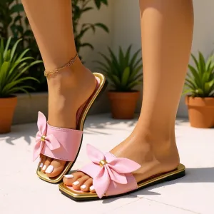 Women Fashion Casual Solid Color Square-Toe Knot Flat PU Beach Slippers Plus Size