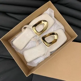 Women's Square-Toe Metal Buckle Flip-Flops Flat Beach Slippers Plus Size