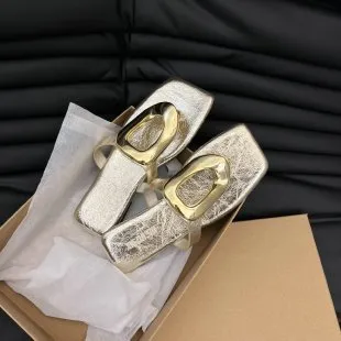Women's Square-Toe Metal Buckle Flip-Flops Flat Beach Slippers Plus Size