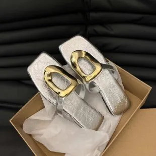 Women's Square-Toe Metal Buckle Flip-Flops Flat Beach Slippers Plus Size