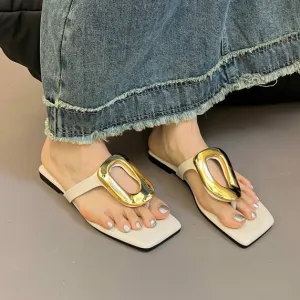 Women's Square-Toe Metal Buckle Flip-Flops Flat Beach Slippers Plus Size