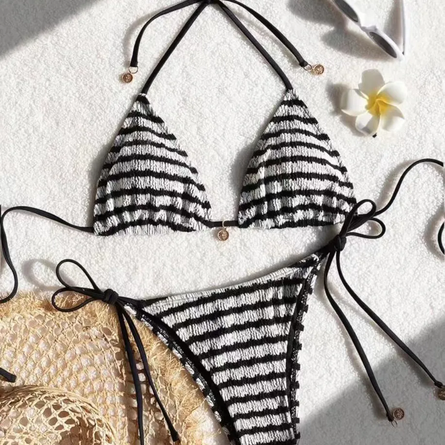 Women Fashion Sexy Stripe Halter-Neck Lace-Up Bikini Swimsuit