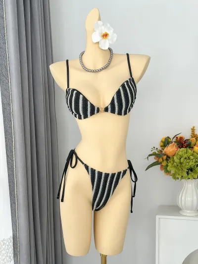 Women Fashion Sexy Stripe Lace-Up Bikini Swimsuit
