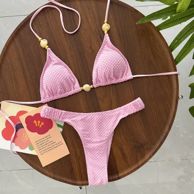 Women Fashion Sexy Solid Color Beaded Halter-Neck Bikini Swimsuit