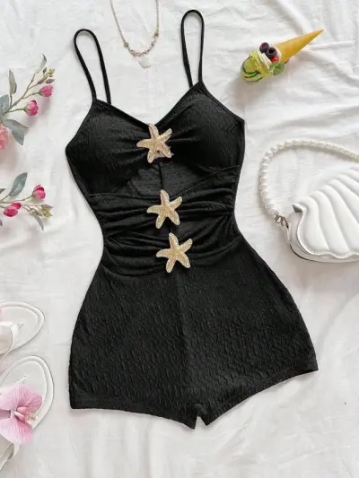 Women Fashion Sexy Summer Vacation Solid Color Hollow Starfish Decorative Rompers