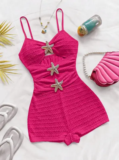 Women Fashion Sexy Summer Vacation Solid Color Hollow Starfish Decorative Rompers