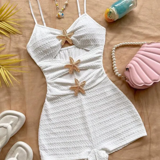 Women Fashion Sexy Summer Vacation Solid Color Hollow Starfish Decorative Rompers
