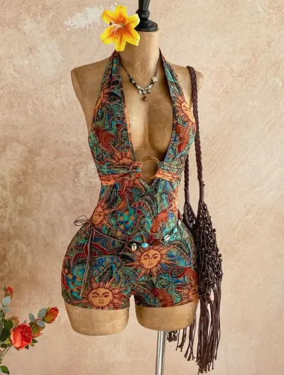 Women Fashion Sexy Summer Vacation Textured Knitted Halter-Neck Deep V Design Backless Rompers