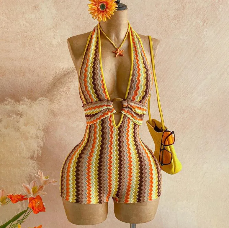 Women Fashion Sexy Summer Vacation Textured Knitted Halter-Neck Deep V Design Backless Rompers