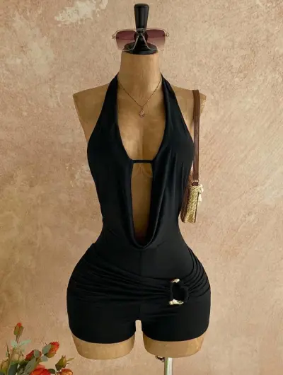 Women Fashion Sexy Vacation Solid Color Halter-Neck Backless Metallic Beaded Textured Rompers
