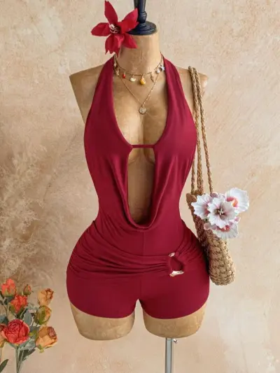 Women Fashion Sexy Vacation Solid Color Halter-Neck Backless Metallic Beaded Textured Rompers