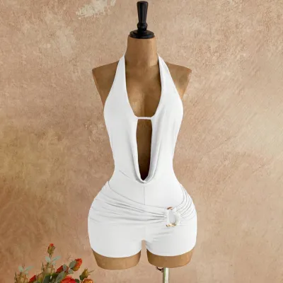 Women Fashion Sexy Vacation Solid Color Halter-Neck Backless Metallic Beaded Textured Rompers