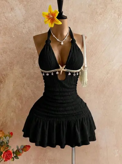 Women Fashion Sexy Vacation Shell Decoration Solid Colorhalter-Neck Backless Dress