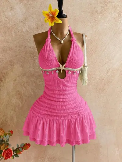 Women Fashion Sexy Vacation Shell Decoration Solid Colorhalter-Neck Backless Dress