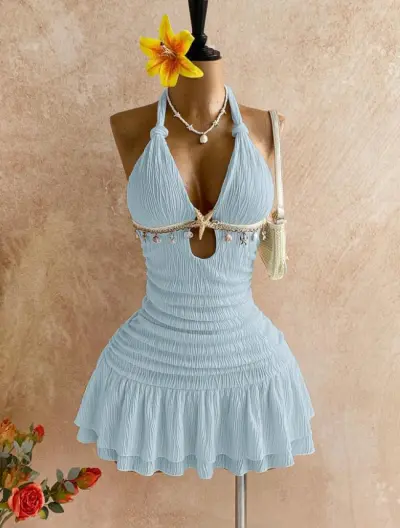 Women Fashion Sexy Vacation Shell Decoration Solid Colorhalter-Neck Backless Dress