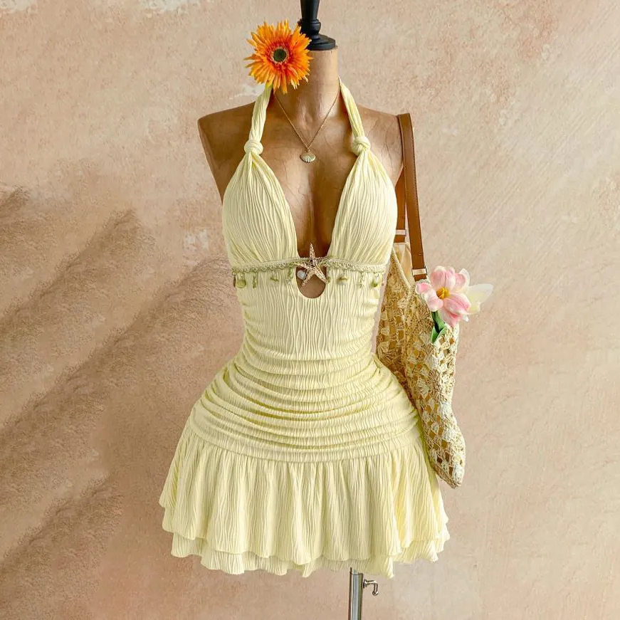 Women Fashion Sexy Vacation Shell Decoration Solid Colorhalter-Neck Backless Dress
