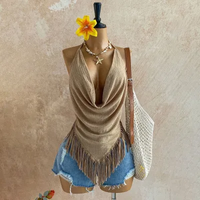 Women Fashion Sexy Vacation Solid Color Halter-Neck Sleeveless Lace-Up Tassel Camisole