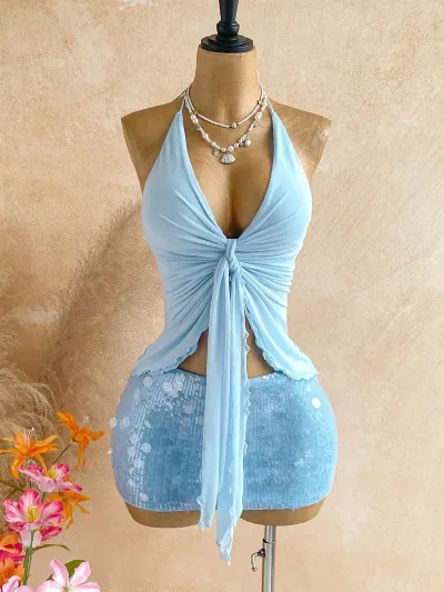 Women Fashion Sexy Summer Vacation Leopard Print Halter-Neck Lace-Up Camisole