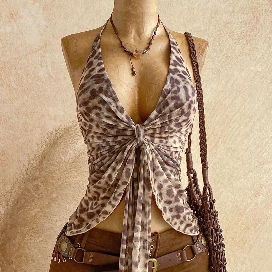 Women Fashion Sexy Summer Vacation Leopard Print Halter-Neck Lace-Up Camisole