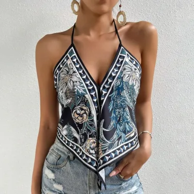 Women Fashion Sexy Vacation Printed Halter-Neck Lace-Up Sleeveless Strap Camisole