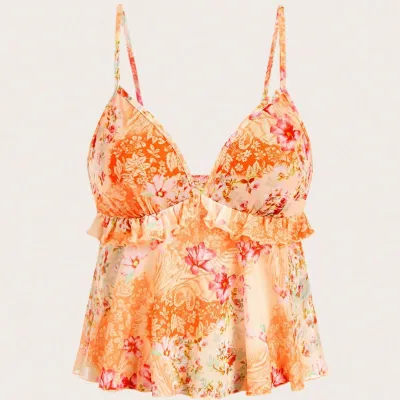 Women Fashion Sexy Vacation Printed Semi-Transparent Sleeveless Camisole