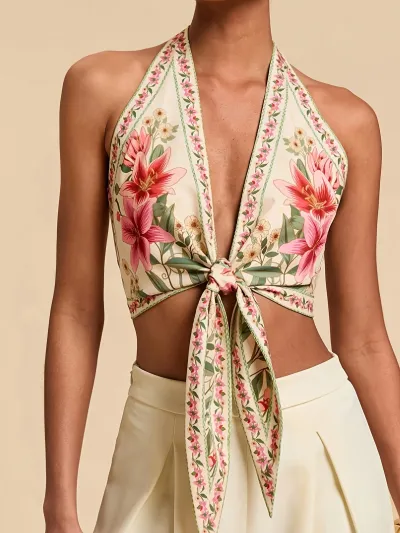 Women Fashion Sexy Summer Vacation 3d Printed Halter-Neck Lace-Up Slim-Fit Camisole