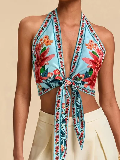 Women Fashion Sexy Summer Vacation 3d Printed Halter-Neck Lace-Up Slim-Fit Camisole