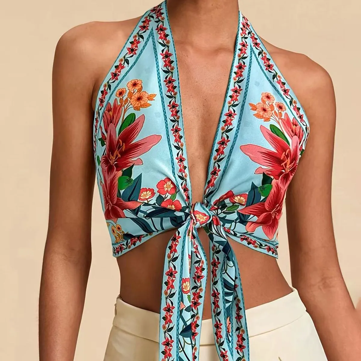 Women Fashion Sexy Summer Vacation 3d Printed Halter-Neck Lace-Up Slim-Fit Camisole