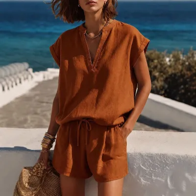 Women Fashion Casual Vacation Solid Color V-Neck Blouse Top Loose Shorts Two-Piece Set