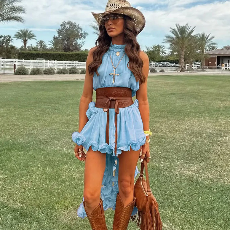 Women Fashion Sexy Vacation Summer Chiffon Ruffled Sleeveless Top Loose Shorts Two-Piece Set