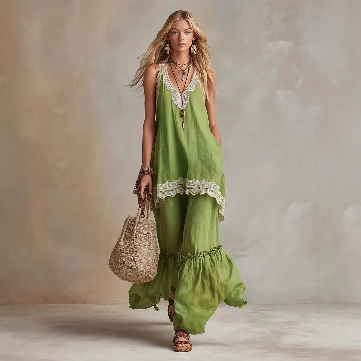 Women Fashion Casual Vacation Lace Stitching Tank Top Loose Pants Two-Piece Set