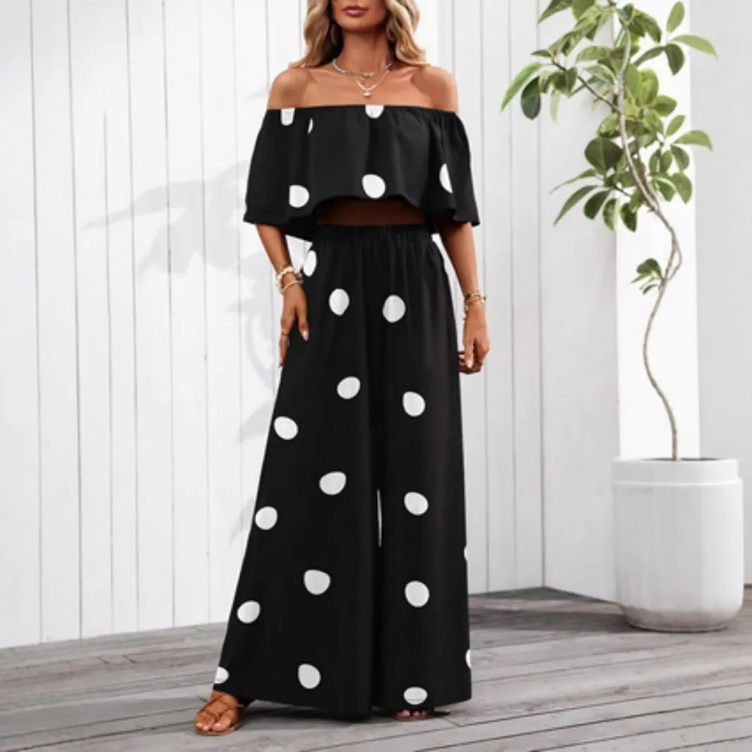 Women Fashion Casual Summer Vacation Polka Dot Print Off-Shoulder Crop Top Loose Pants Two-Piece Set